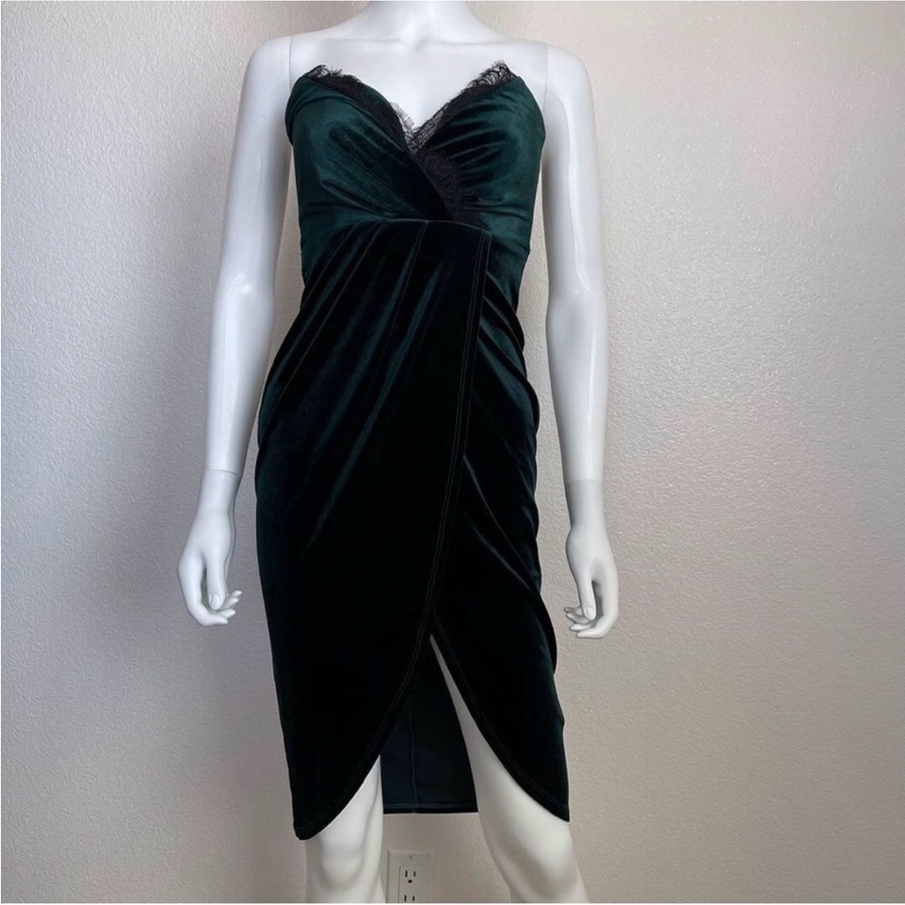 ASOS Strapless Velvet faux Wrap Dress in Dark Green with